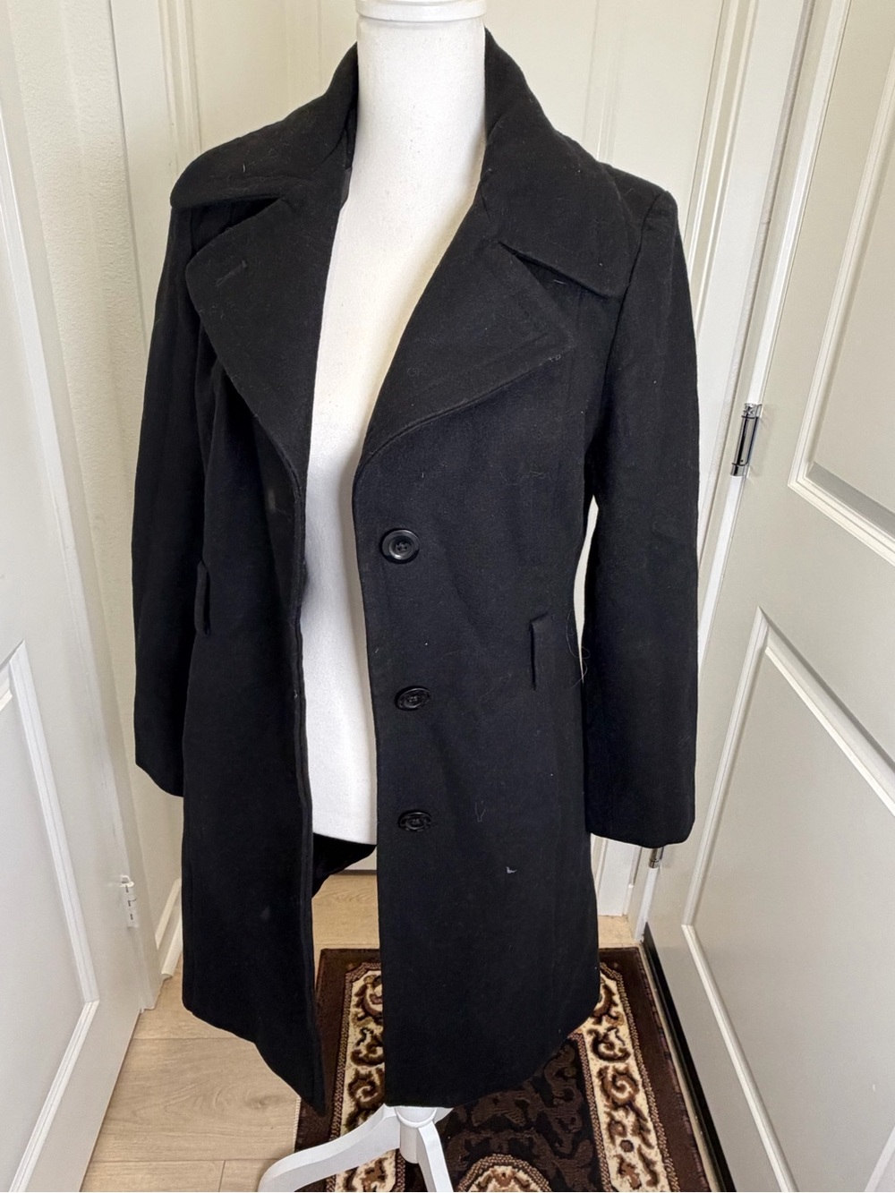 Vintage Anne Klein Black Wool Blend Long Coat Women’s Medium Classic Overcoat